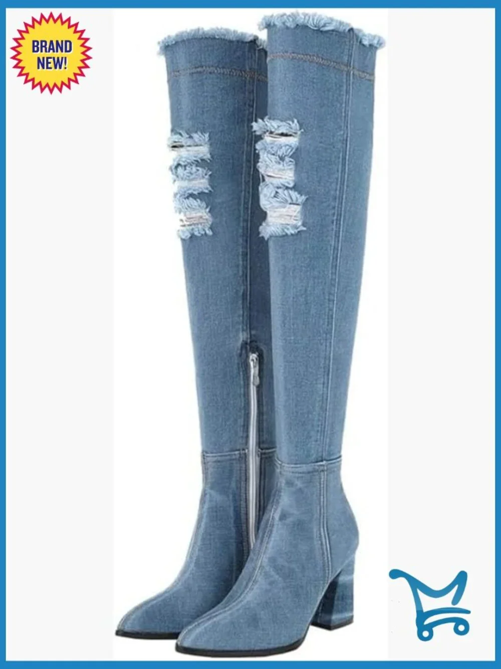 Denim Thigh High Boots Pointed Toe Block Heel Over The Knee Boots